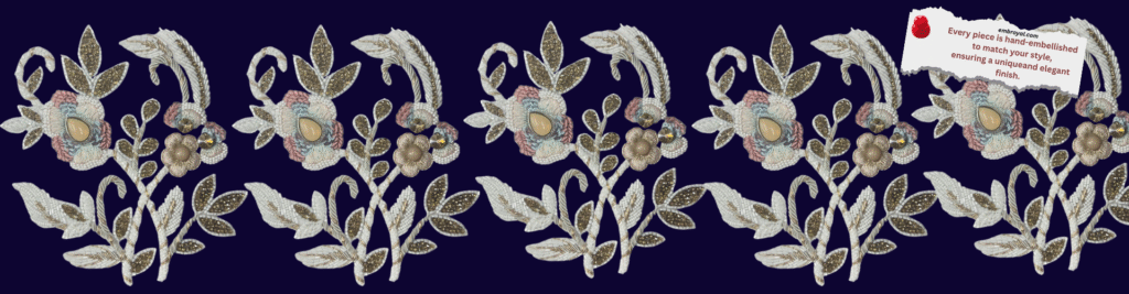 Handmade and handcrafted custom hand embroidery by Embroyal — exquisite designs made with care and precision by a skilled embroidery artist.